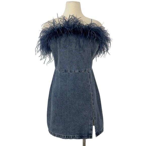Amanda Uprichard Eleni Mini Dress Denim Strapless with Feather Trim XL - Picture 1 of 10